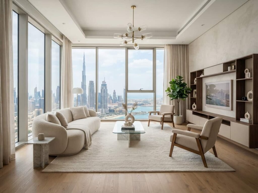 Renovated modern living room showing home renovation cost in Dubai 2026