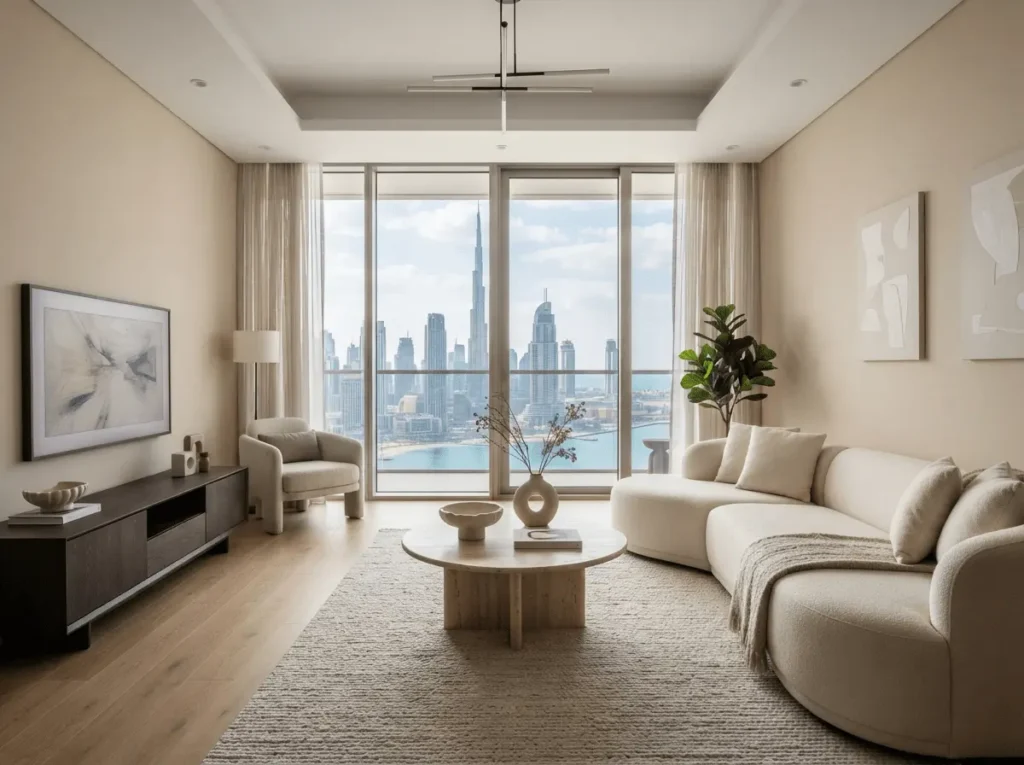 Modern renovated living room in a Dubai apartment showing home renovation cost in Dubai with a skyline view