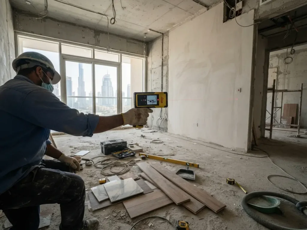 Contractor measuring floor area to estimate renovation cost per square foot in Dubai