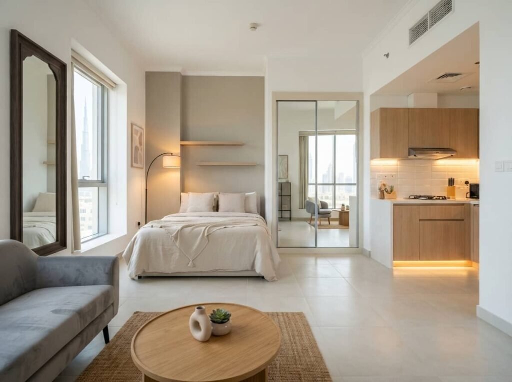Renovated small apartment in Dubai showing space saving renovation ideas 2026